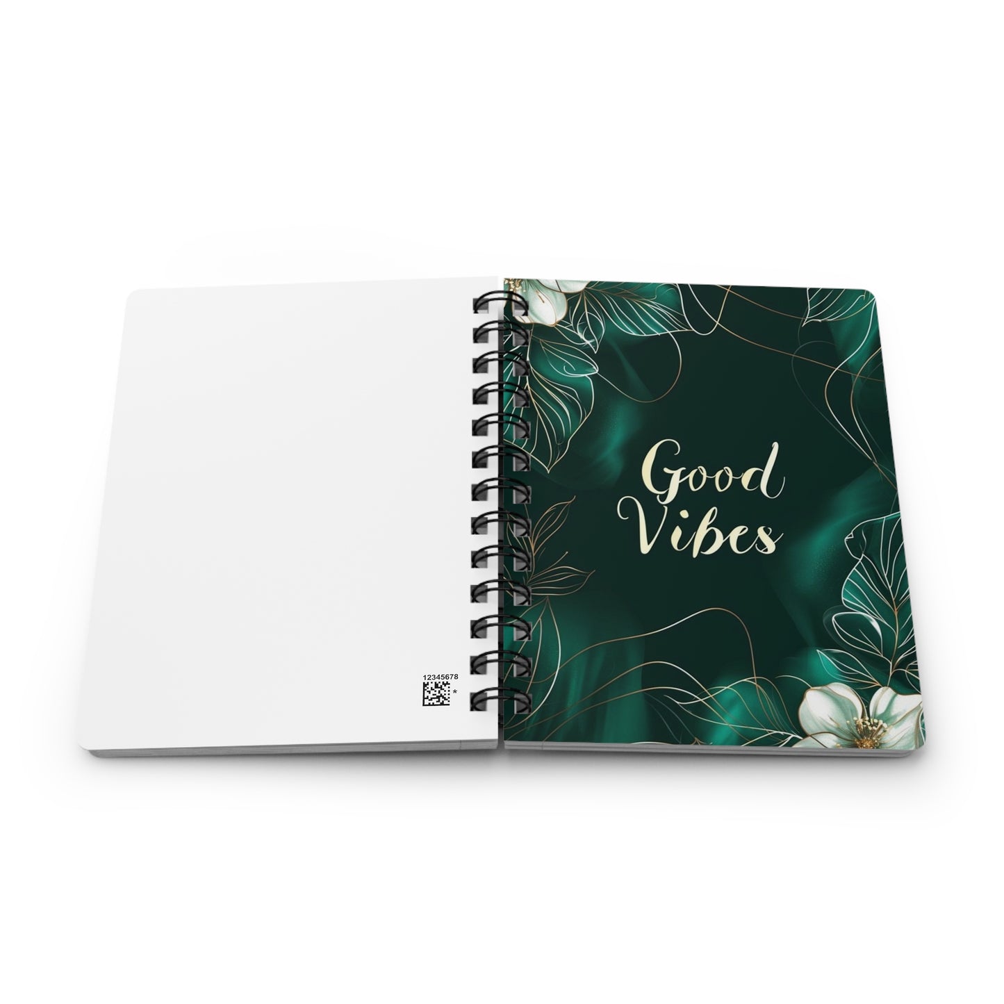 Emerald Green White Flowers Good Vibes Journal, Floral Notebook, Bullet Journal, Diary, Sketchbook, Blank Book