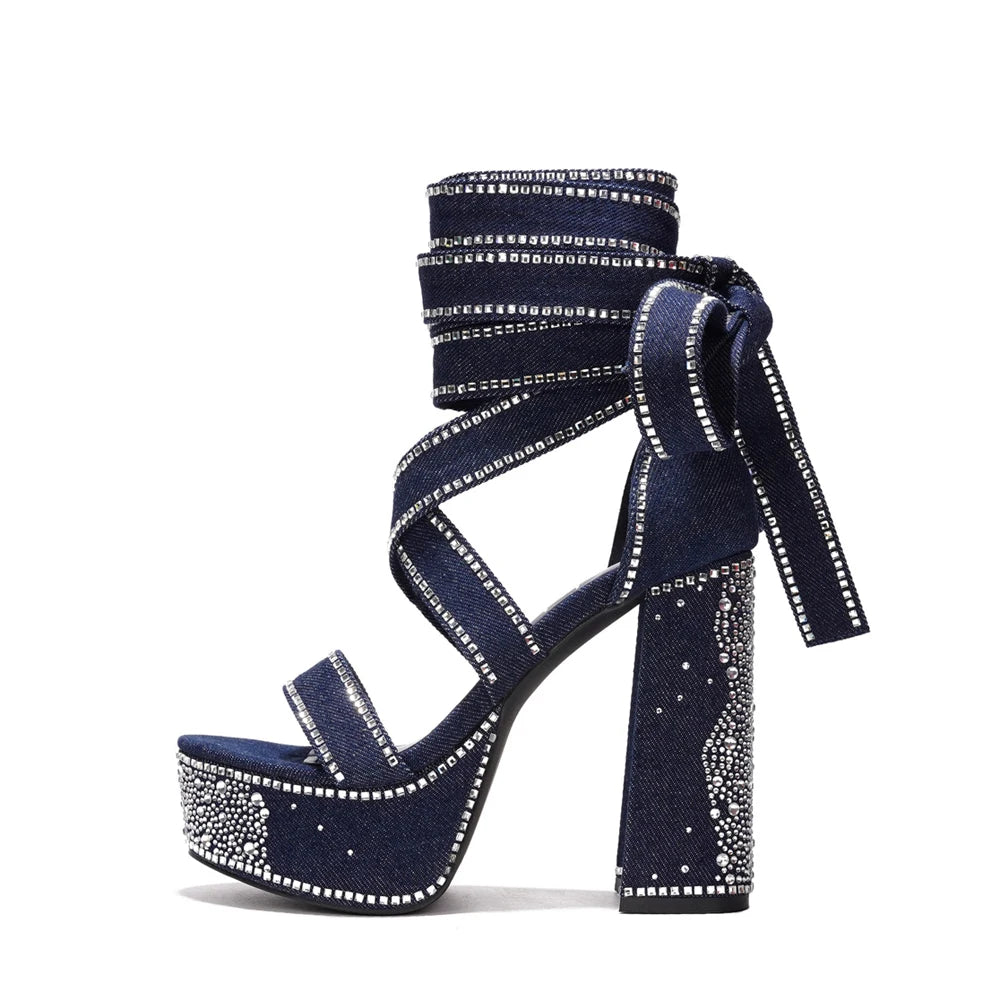 Shiny Diamonds High Platform Women Chunky Block Heels Long Rhinestones Cross Leg Strap Pumps Single Band Denim Shoes