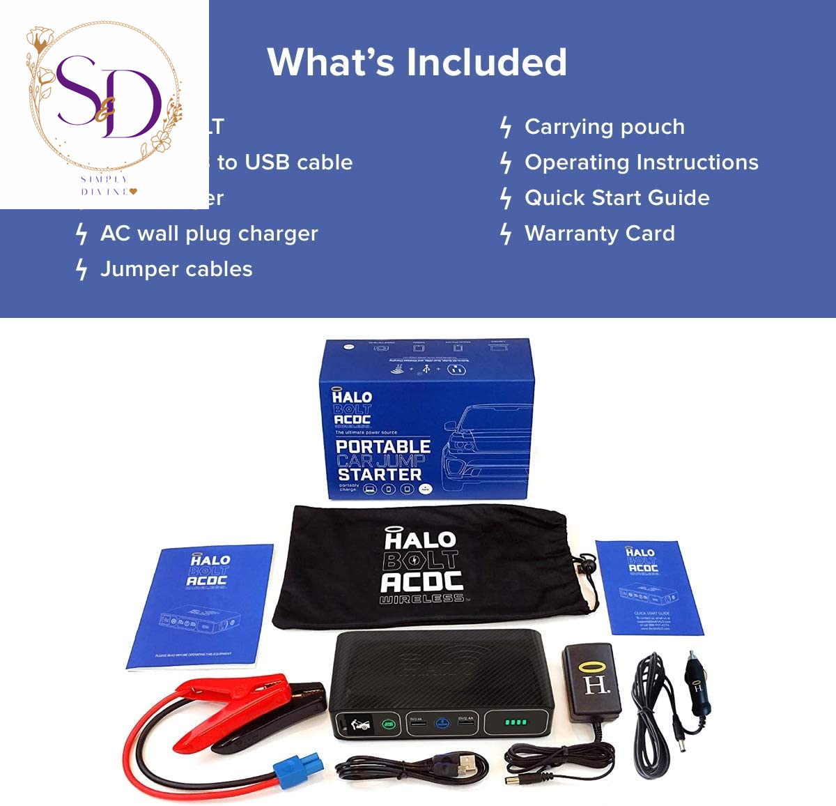 HALO Bolt Wireless Laptop Power Bank - 44400 Mwh Portable Phone Laptop Charger Car Jump Starter with AC Outlet and Car Charger, Blue Graphite