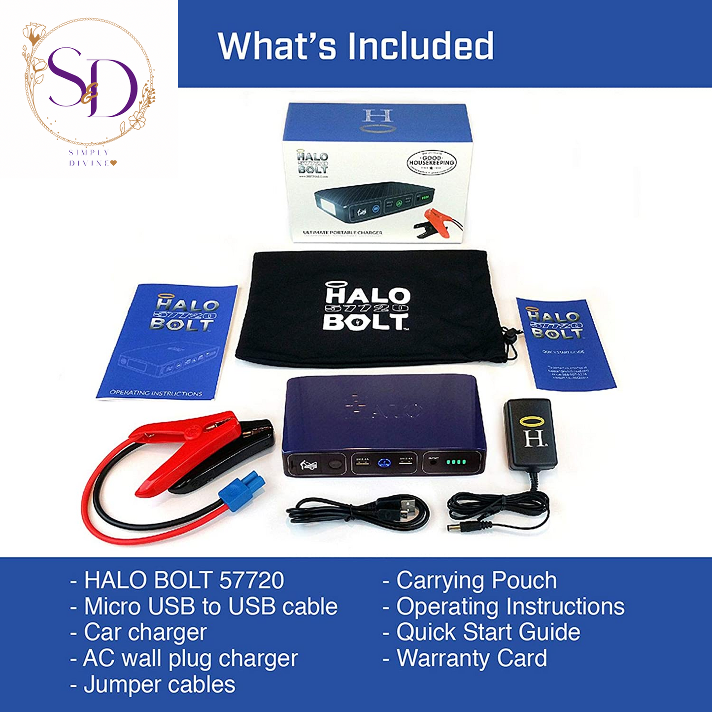 HALO Bolt Portable Car Jump Starter 57720 MWH Car Battery Jump Starter with 2 USB Ports to Charge Devices, Portable Car Charger - Silver, 123236