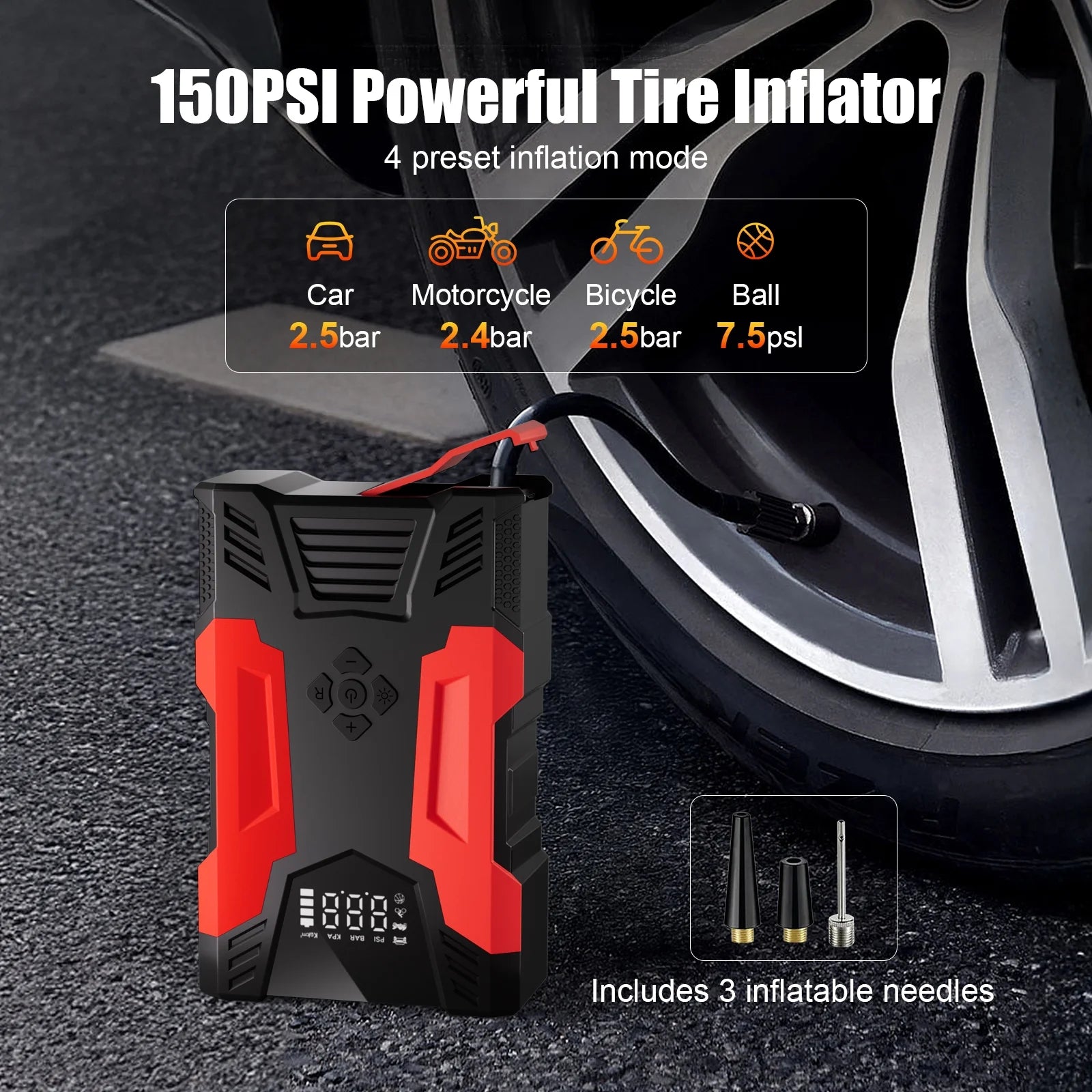 Car Jump Starter, 4000A Peak 30000Mah 150PSI Tire Inflator Digital Display LED Light