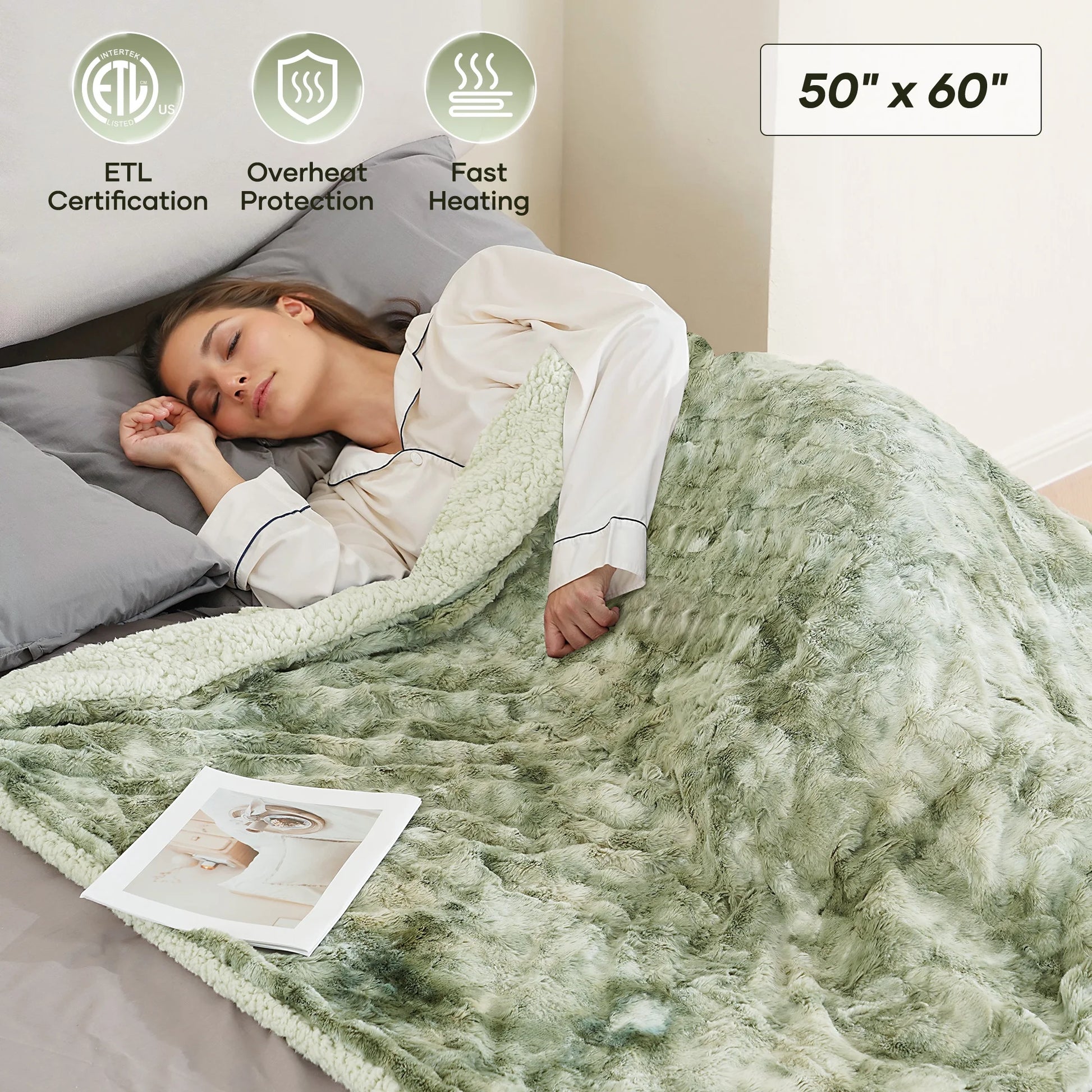 Electric Throw Blanket 50" X 60", Soft Faux Fur, Large LED Display, 6 Heating Levels, 4 Hours Timer - Tie-Dye Green