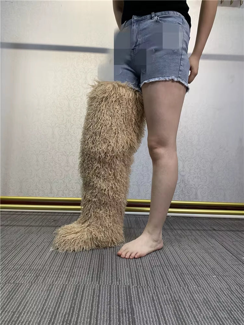 Winter Mongolian Fur Long Boots Warm Plush Flat Outdoor Furry Over-The-Knee Women Boots