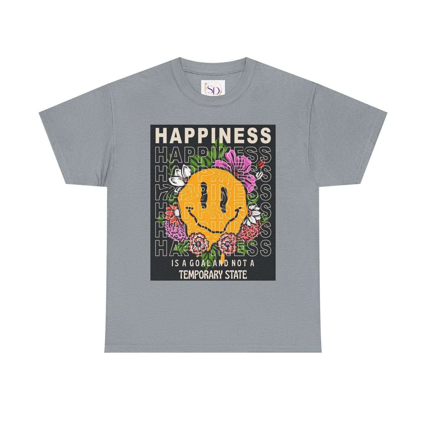 Happiness Floral Unisex Heavy Cotton Tee, Positive Vibes Shirt, Casual Wear, Gift Idea for Friends, Summer Essentials