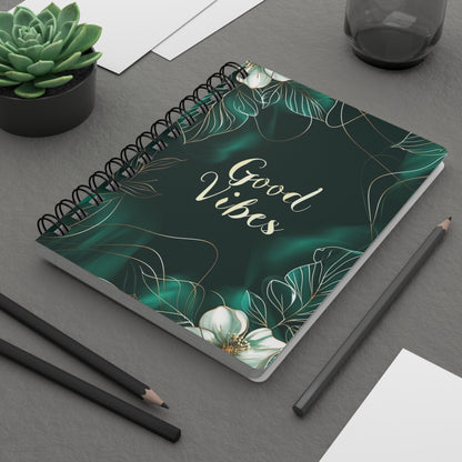 Emerald Green White Flowers Good Vibes Journal, Floral Notebook, Bullet Journal, Diary, Sketchbook, Blank Book