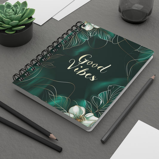 Emerald Green White Flowers Good Vibes Journal, Floral Notebook, Bullet Journal, Diary, Sketchbook, Blank Book