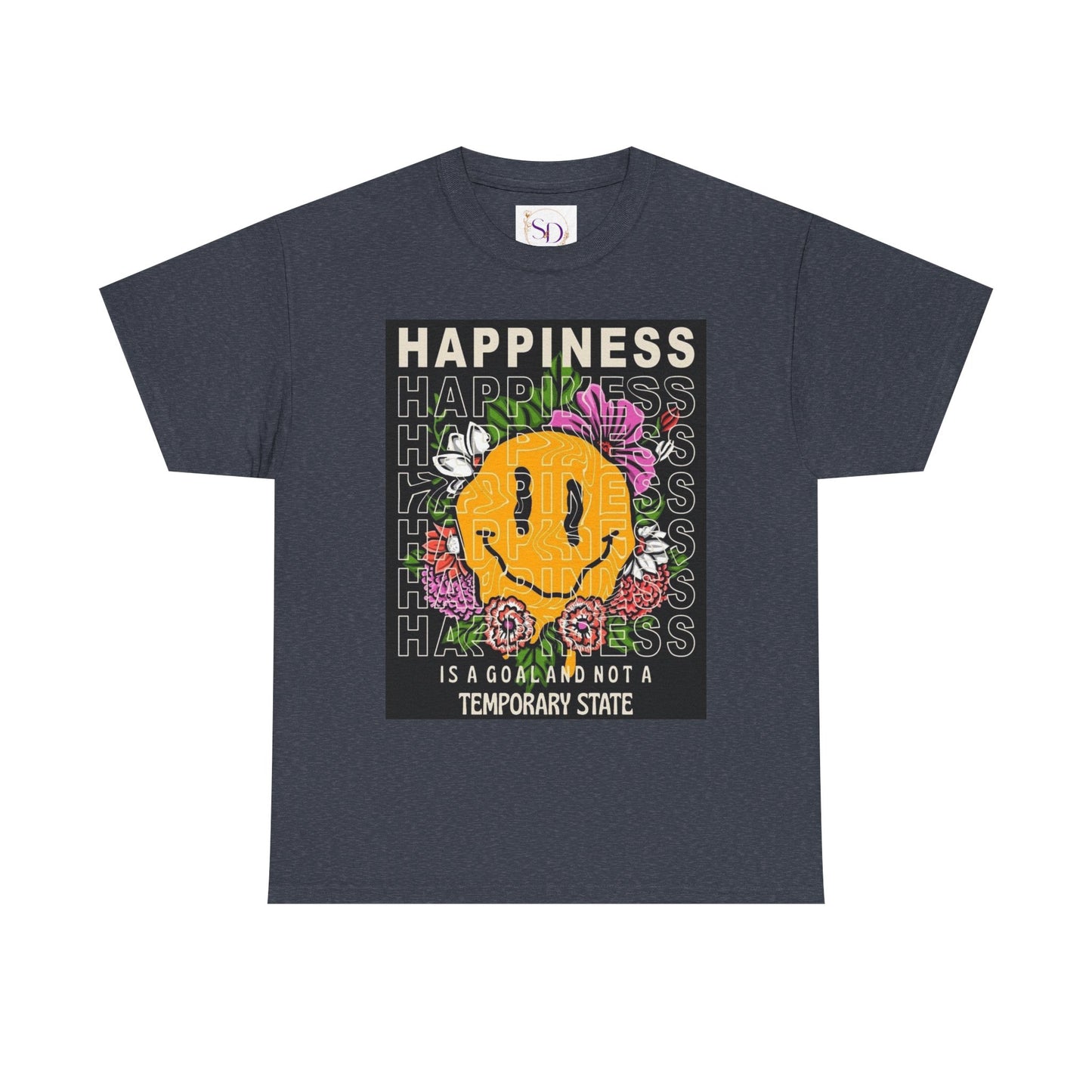 Happiness Floral Unisex Heavy Cotton Tee, Positive Vibes Shirt, Casual Wear, Gift Idea for Friends, Summer Essentials