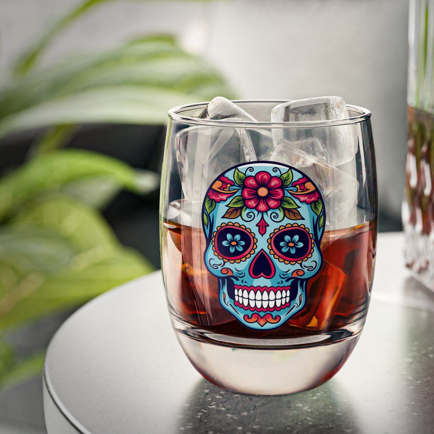 Skull Floral Whiskey Glass, Decorative Drinkware for Home Bar, Gift for Him, Unique Cocktail Glass, Day of the Dead Decor