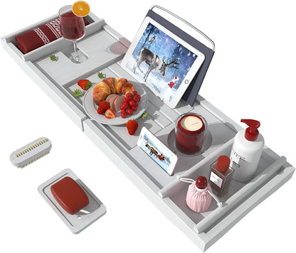 Bathtub Caddy Tray for Luxury Bath - Bamboo Waterproof Expandable Bath Table over Tub with Wine and Book Holder and Free Soap Dish (White)