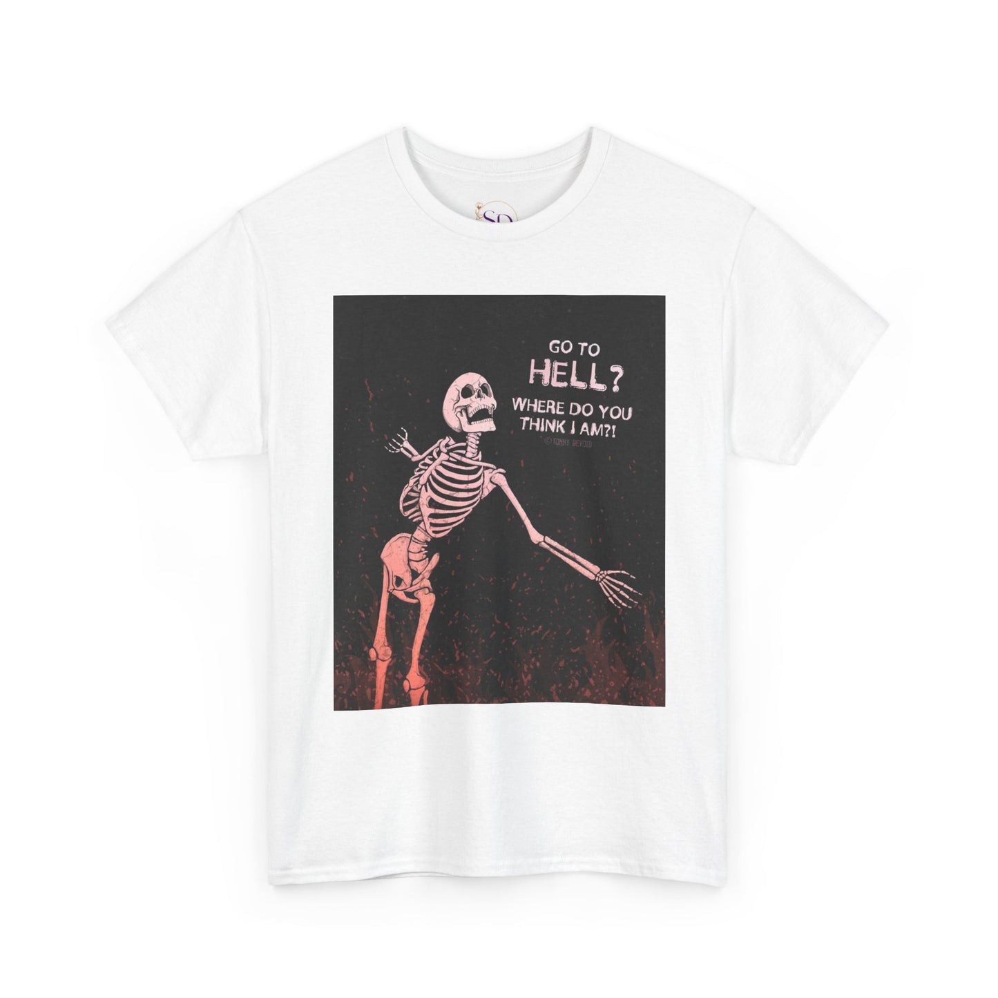 Skeleton Graphic Tee: "Go To Hell?" Unisex Heavy Cotton T-Shirt