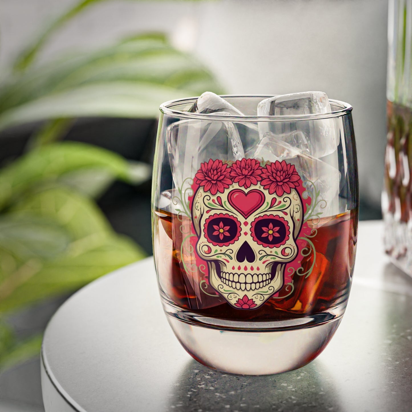 Sugar Skull Whiskey Glass, Handcrafted Drinking Glass, Dia de los Muertos Decor, Barware Gift, Unique Cocktail Glass