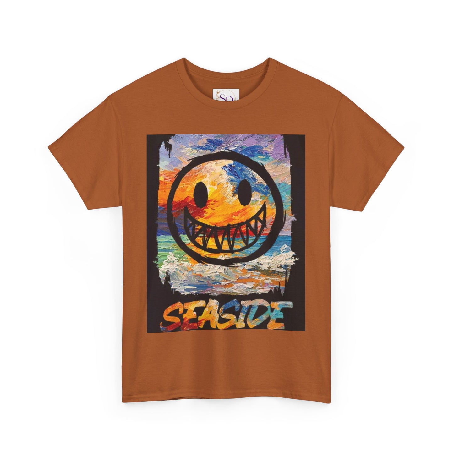 Seaside Smiley Face Tee, Unisex Heavy Cotton Tee, Vibrant Graphic Shirt, Casual Beachwear, Summer Vibes, Fun Gift Idea