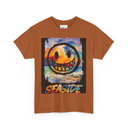 Seaside Smiley Face Tee, Unisex Heavy Cotton Tee, Vibrant Graphic Shirt, Casual Beachwear, Summer Vibes, Fun Gift Idea