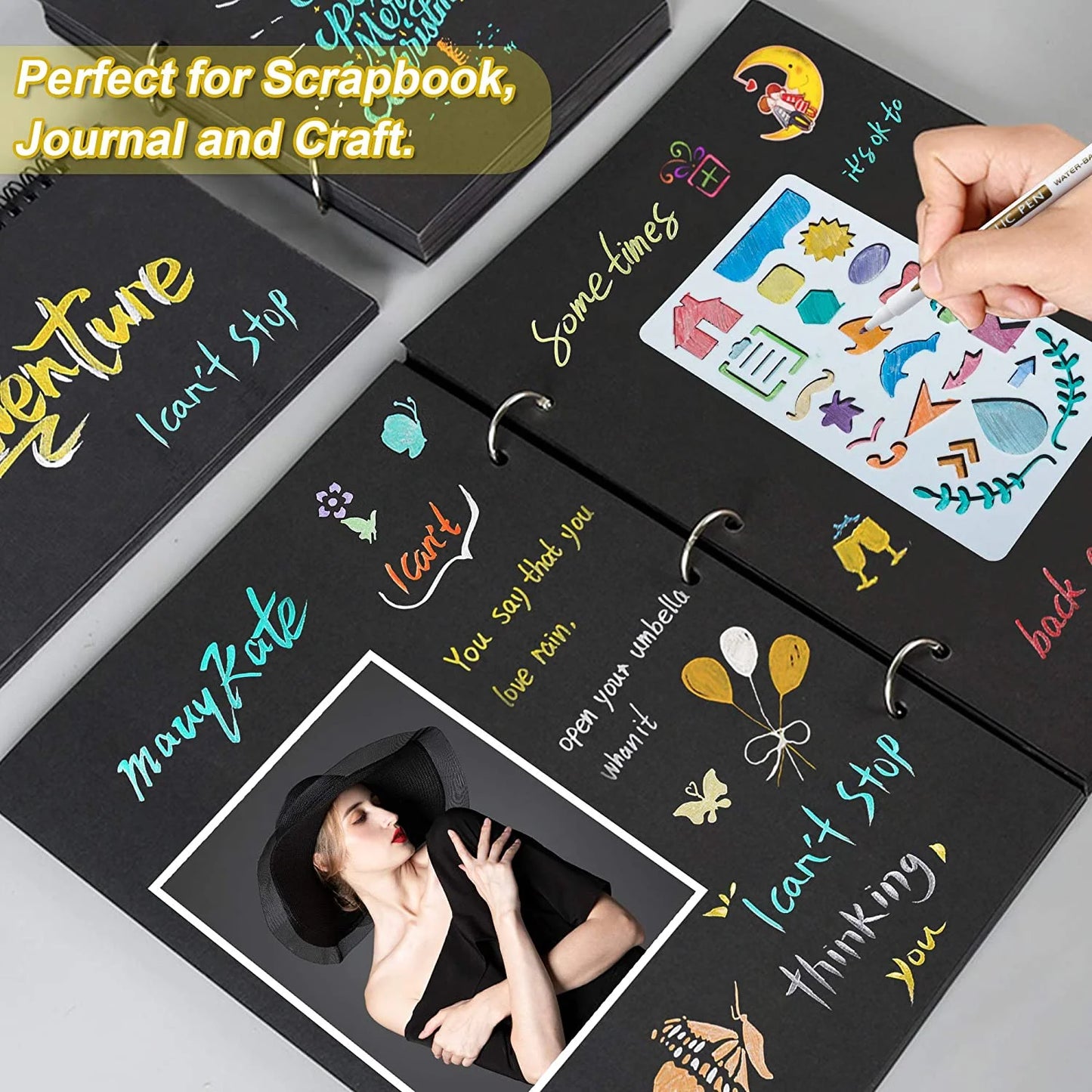 18 Pack Metallic Marker Pens,  16 Colors Fine Tip Paint Pens with 2 Stencils for DIY Craft Photo Album Rock Art Painting Card Making Glass Wood