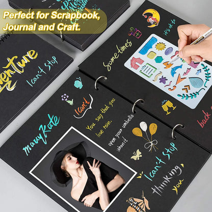 18 Pack Metallic Marker Pens,  16 Colors Fine Tip Paint Pens with 2 Stencils for DIY Craft Photo Album Rock Art Painting Card Making Glass Wood