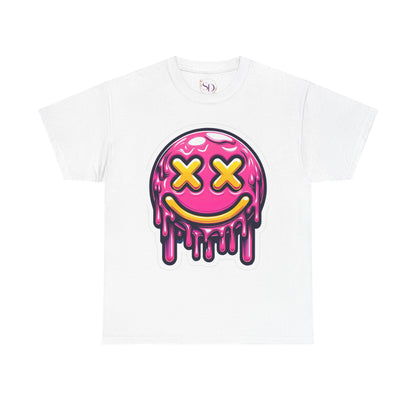 Melting Smiley Face Unisex Heavy Cotton Tee, Fun Graphic Shirt, Casual Wear, Gift for Teens, Summer Vibes, Festival Clothing