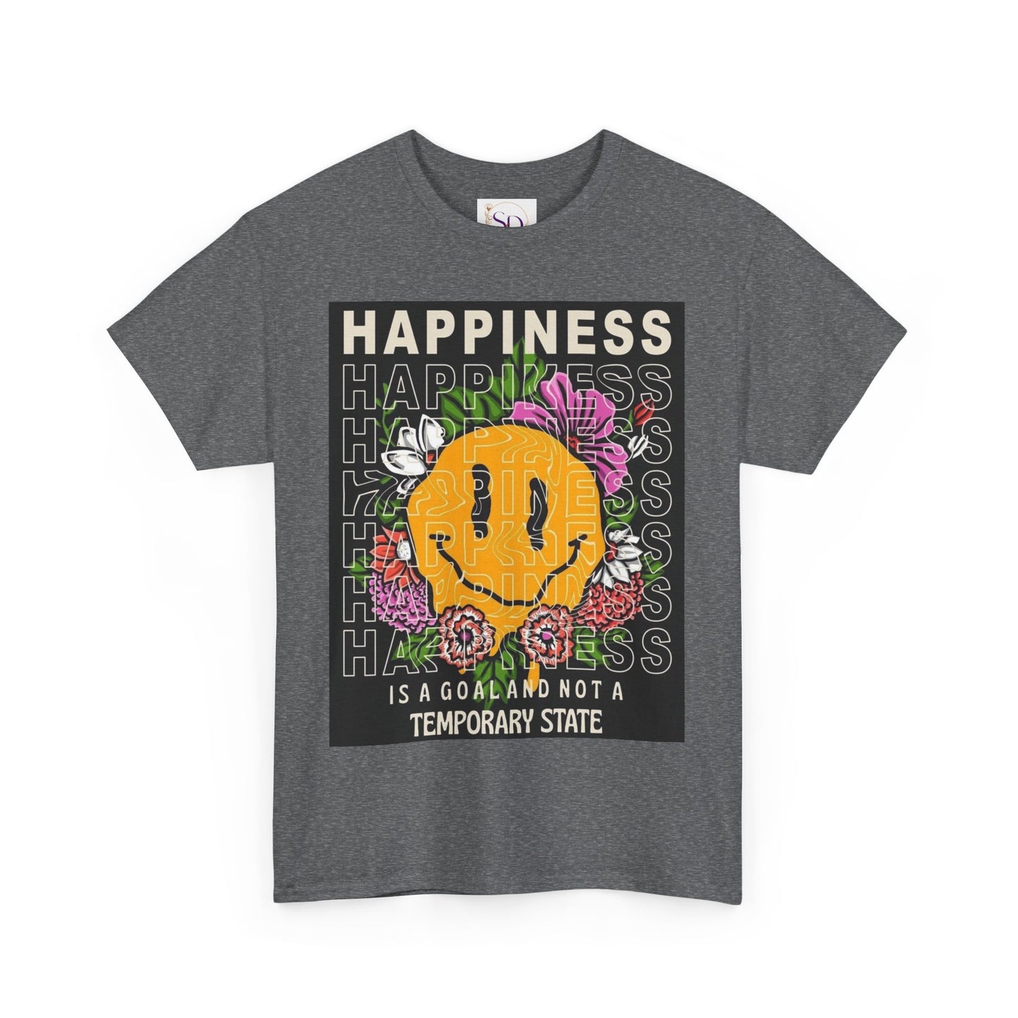 Happiness Floral Unisex Heavy Cotton Tee, Positive Vibes Shirt, Casual Wear, Gift Idea for Friends, Summer Essentials
