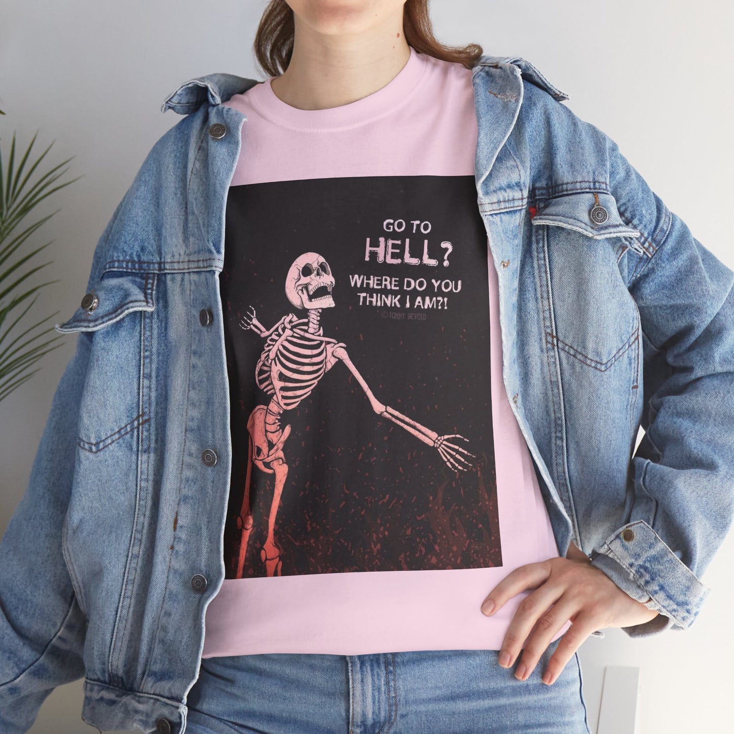 Skeleton Graphic Tee: "Go To Hell?" Unisex Heavy Cotton T-Shirt