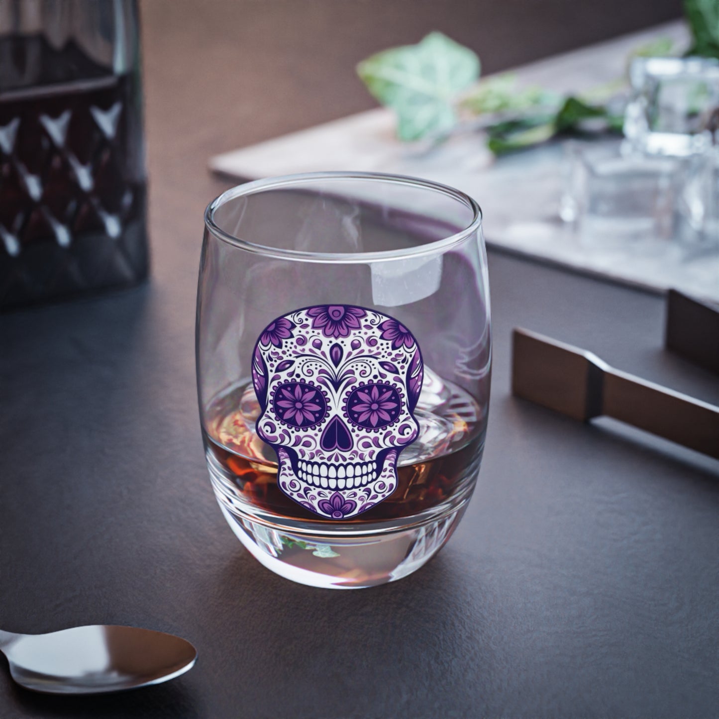 Sugar Skull Whiskey Glass, Halloween Decor, Gift for Whiskey Lovers, Day of the Dead Glass, Home Bar Essential