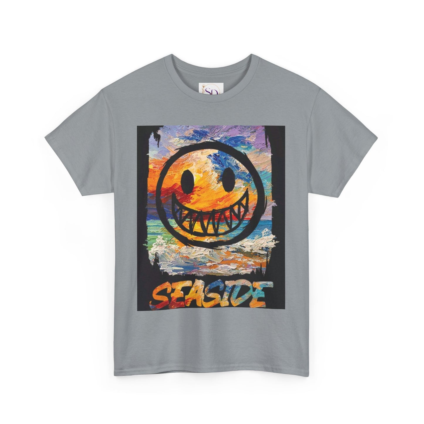Seaside Smiley Face Tee, Unisex Heavy Cotton Tee, Vibrant Graphic Shirt, Casual Beachwear, Summer Vibes, Fun Gift Idea