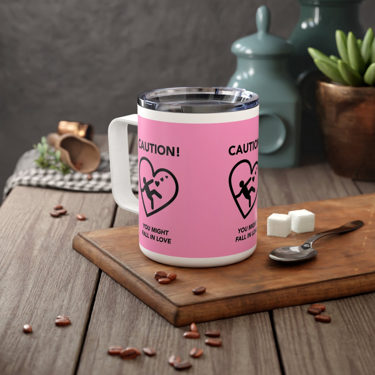 Pink Valentine's Day "Caution You Might Fall In Love" Insulated Mug