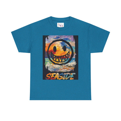 Seaside Smiley Face Tee, Unisex Heavy Cotton Tee, Vibrant Graphic Shirt, Casual Beachwear, Summer Vibes, Fun Gift Idea
