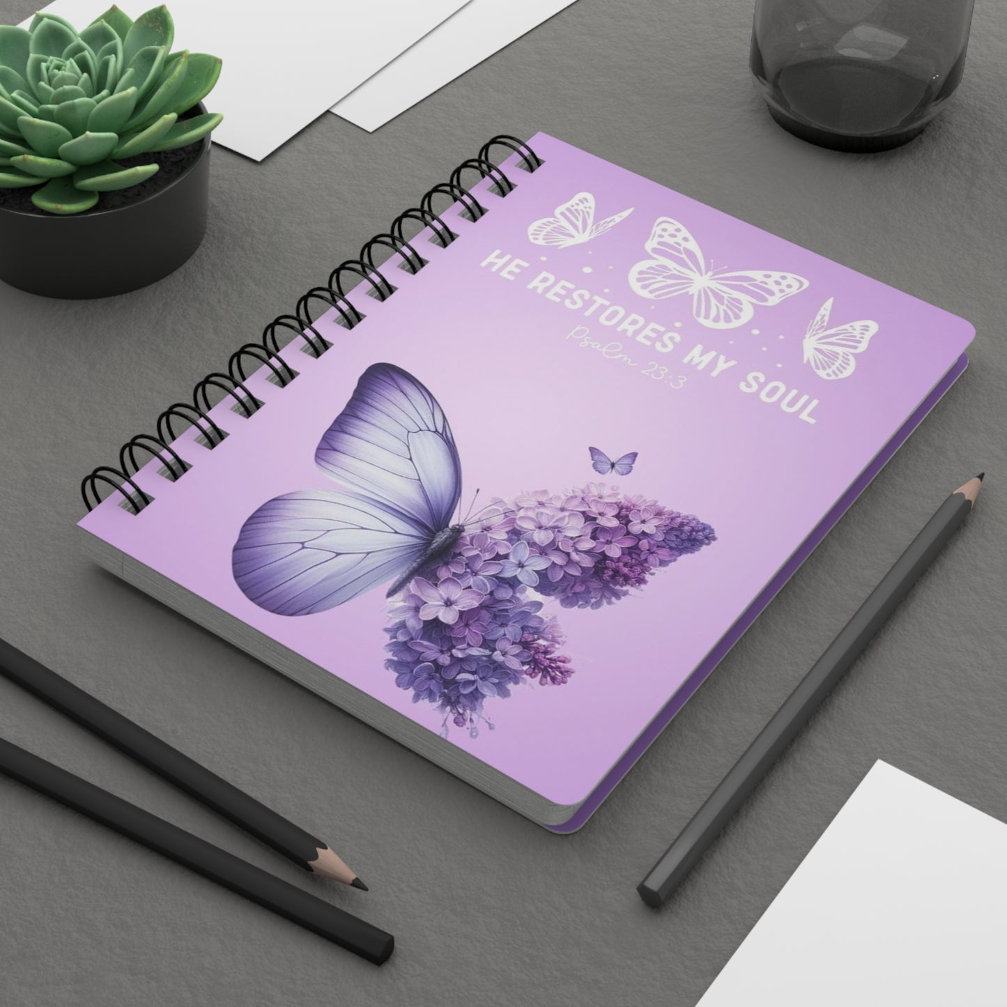 Purple 'He Restores My Soul' Spiral Bound Journal, Christian Notebook, Bible Verse Diary, Inspirational Writing Pad, Faithful Gift