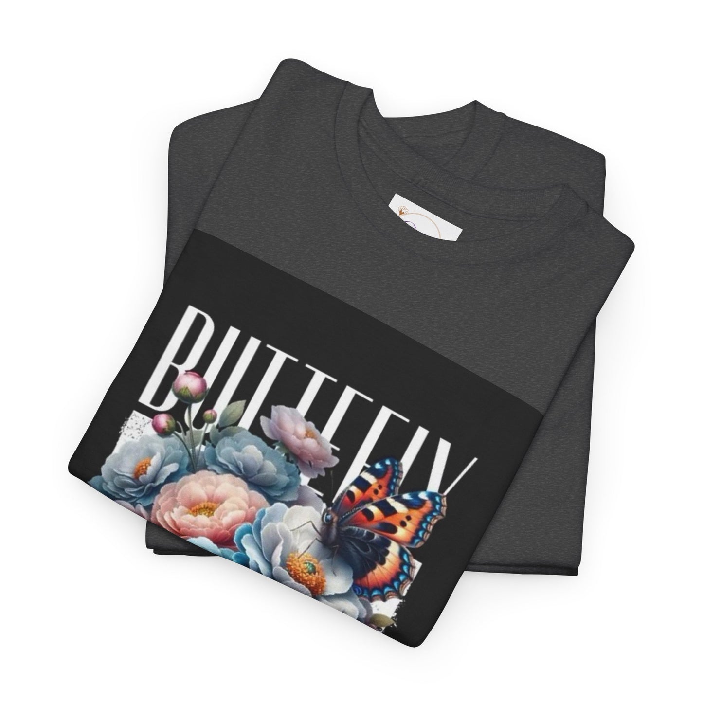 Butterfly Blooms Heavy Cotton Tee - Floral Graphic Shirt, Unisex Gift for Nature Lovers, Birthday, Everyday Wear, Casual Style