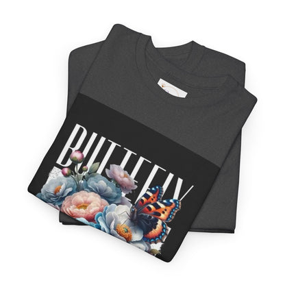 Butterfly Blooms Heavy Cotton Tee - Floral Graphic Shirt, Unisex Gift for Nature Lovers, Birthday, Everyday Wear, Casual Style