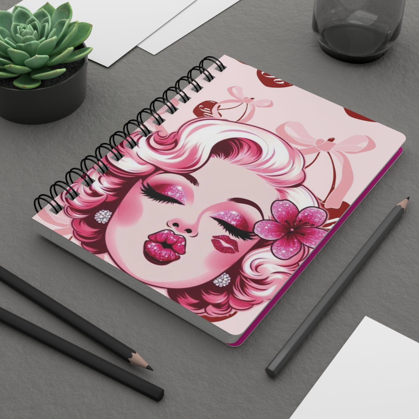 Chic Pink Spiral Bound Journal with Glamorous Kiss Design
