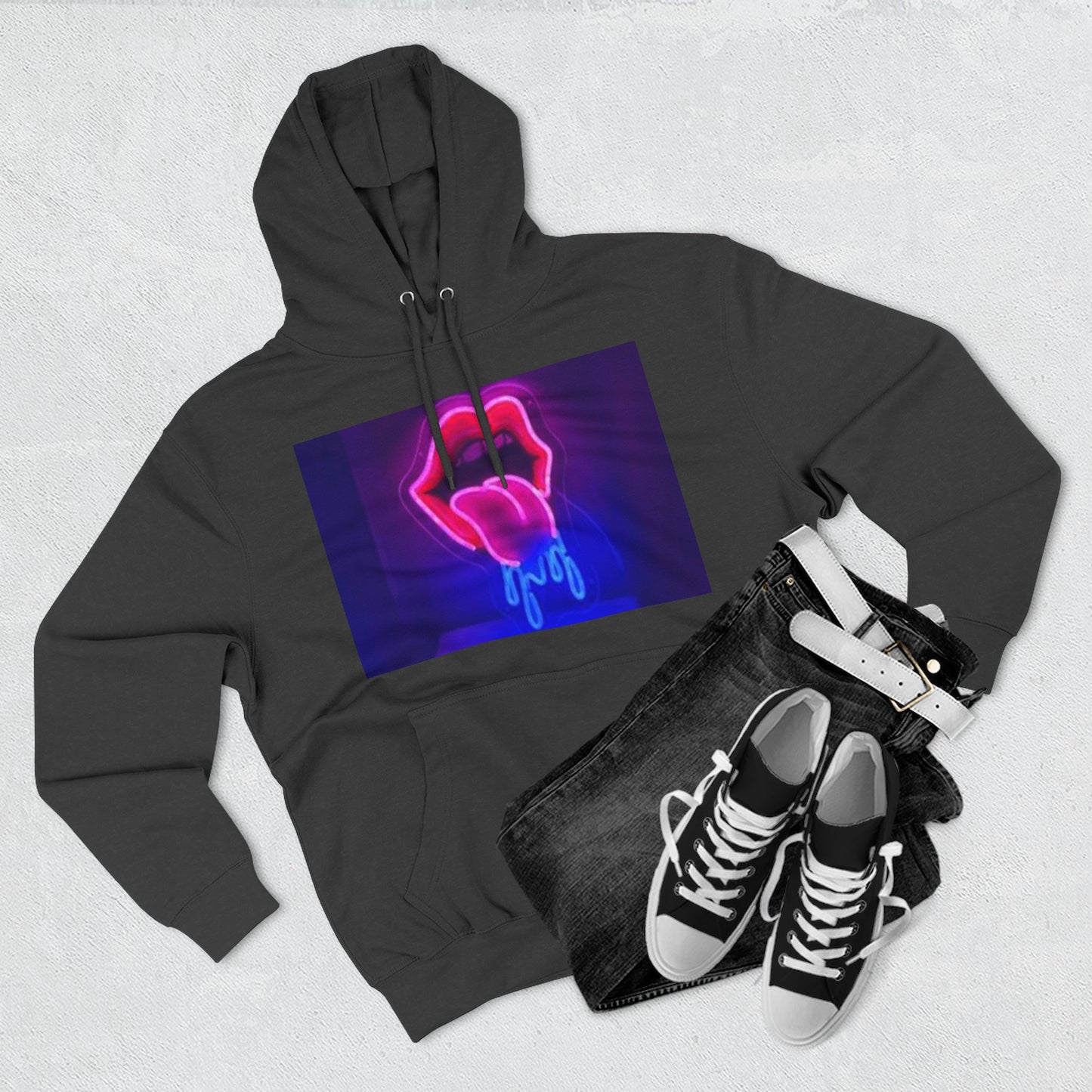 Vibrant Neon Lips Hoodie, Funky Graphic Fleece Pullover, Edgy Streetwear, Cozy Casual Style, Perfect for Parties, Unisex Gift