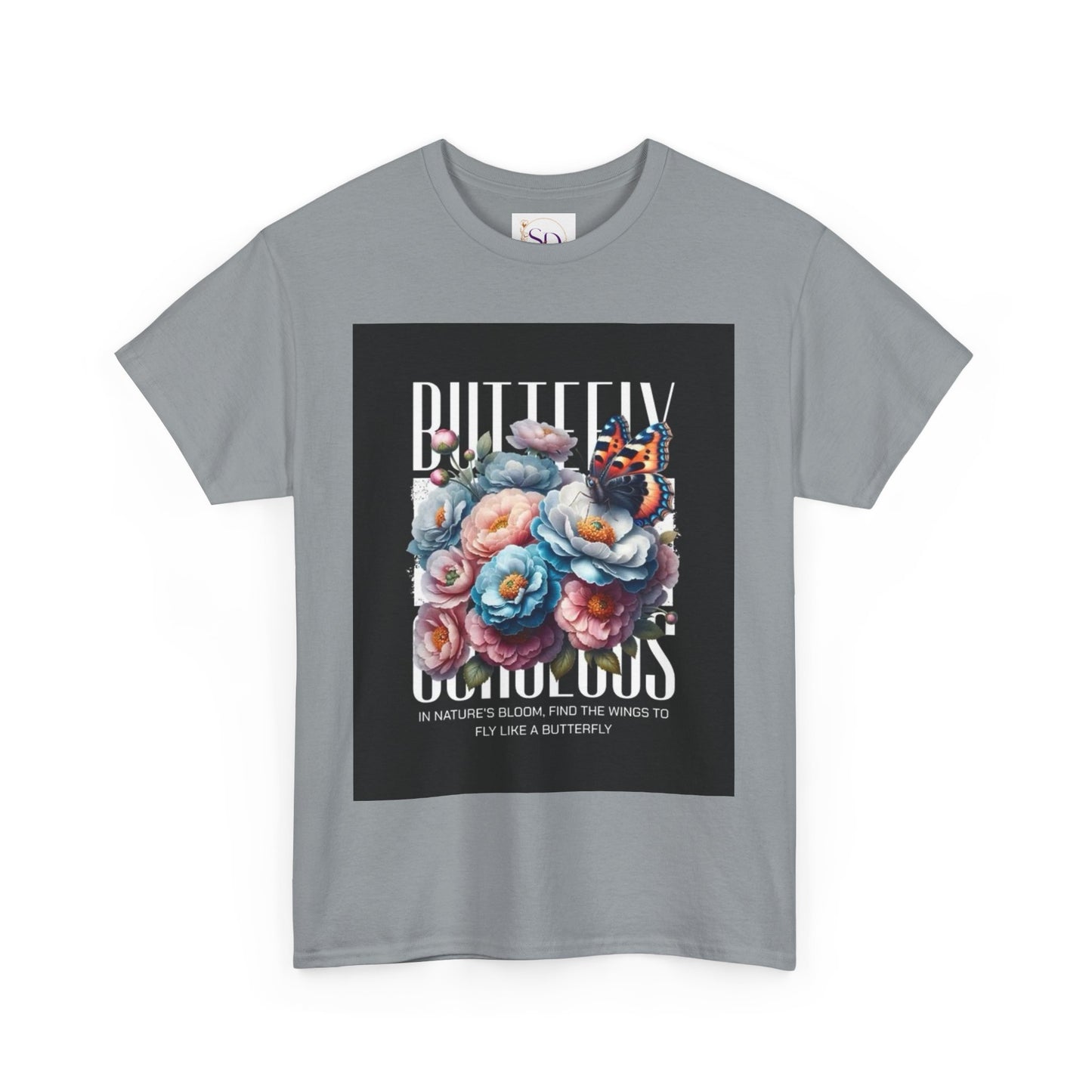 Butterfly Blooms Heavy Cotton Tee - Floral Graphic Shirt, Unisex Gift for Nature Lovers, Birthday, Everyday Wear, Casual Style