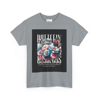 Butterfly Blooms Heavy Cotton Tee - Floral Graphic Shirt, Unisex Gift for Nature Lovers, Birthday, Everyday Wear, Casual Style