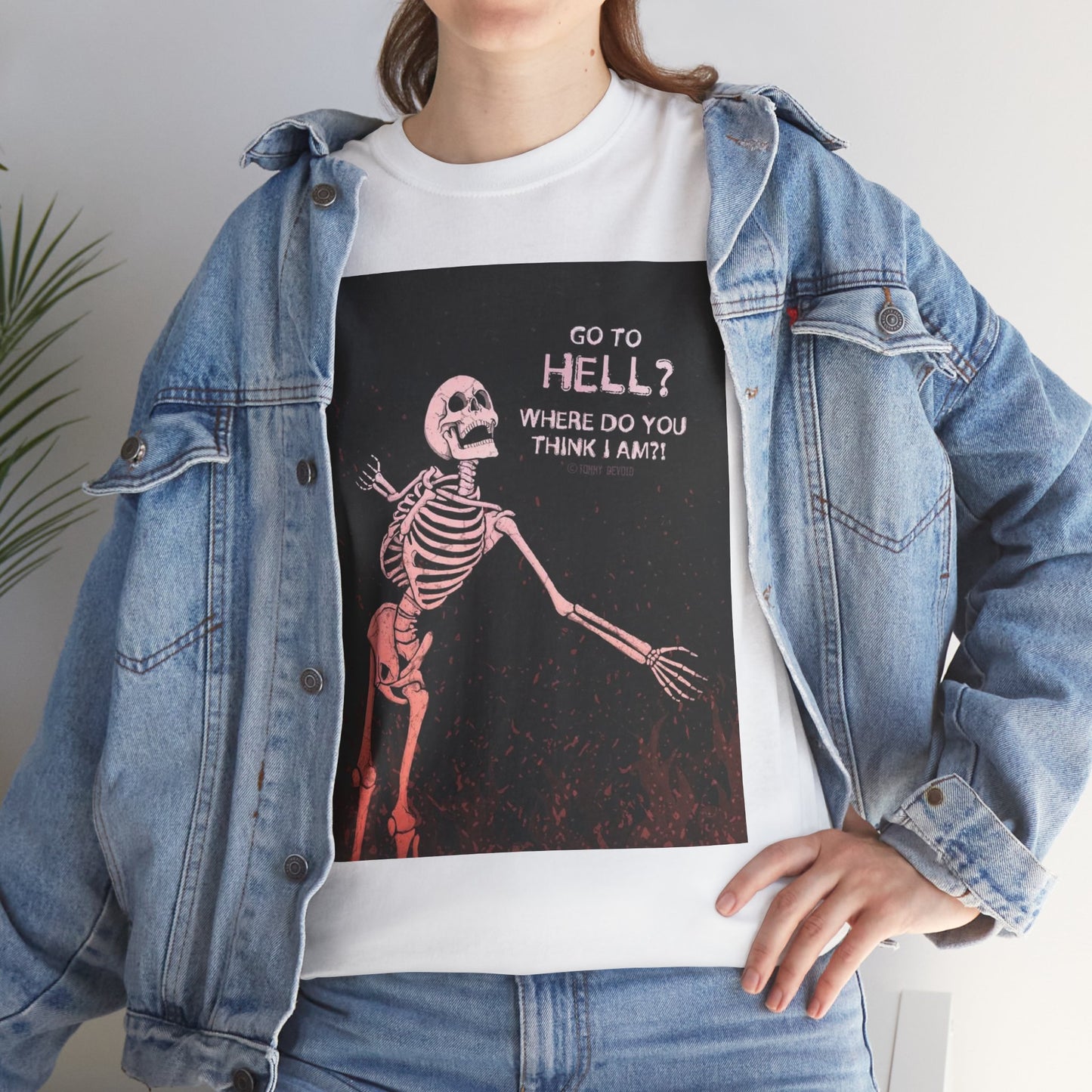 Skeleton Graphic Tee: "Go To Hell?" Unisex Heavy Cotton T-Shirt