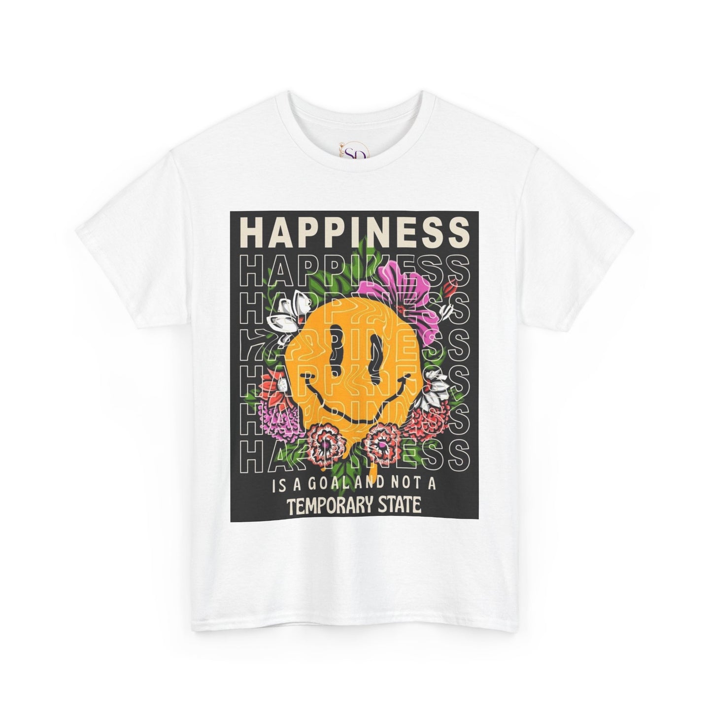 Happiness Floral Unisex Heavy Cotton Tee, Positive Vibes Shirt, Casual Wear, Gift Idea for Friends, Summer Essentials