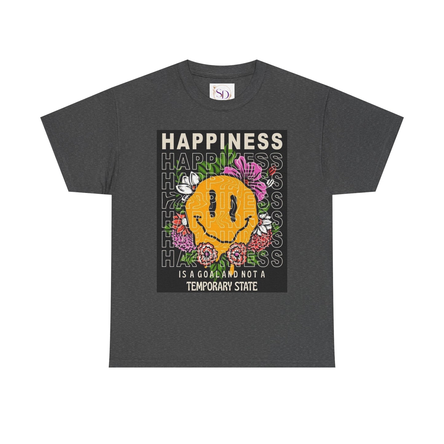 Happiness Floral Unisex Heavy Cotton Tee, Positive Vibes Shirt, Casual Wear, Gift Idea for Friends, Summer Essentials