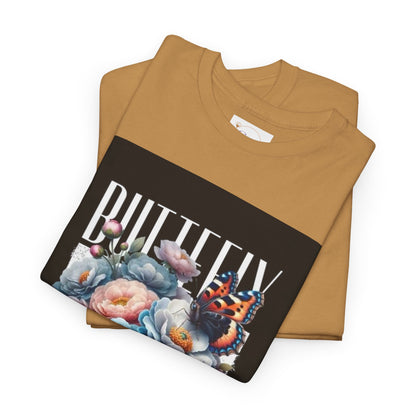 Butterfly Blooms Heavy Cotton Tee - Floral Graphic Shirt, Unisex Gift for Nature Lovers, Birthday, Everyday Wear, Casual Style