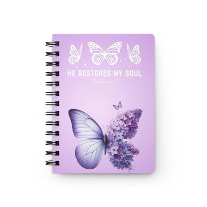 Purple 'He Restores My Soul' Spiral Bound Journal, Christian Notebook, Bible Verse Diary, Inspirational Writing Pad, Faithful Gift