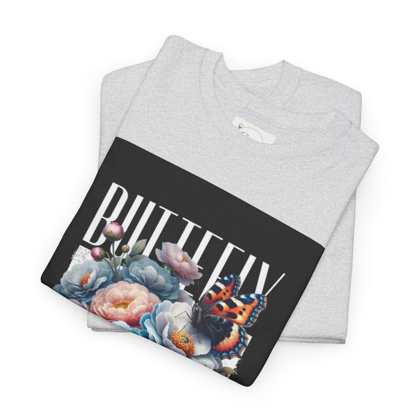 Butterfly Blooms Heavy Cotton Tee - Floral Graphic Shirt, Unisex Gift for Nature Lovers, Birthday, Everyday Wear, Casual Style