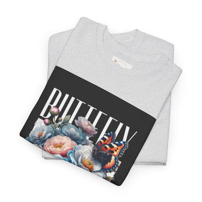 Butterfly Blooms Heavy Cotton Tee - Floral Graphic Shirt, Unisex Gift for Nature Lovers, Birthday, Everyday Wear, Casual Style