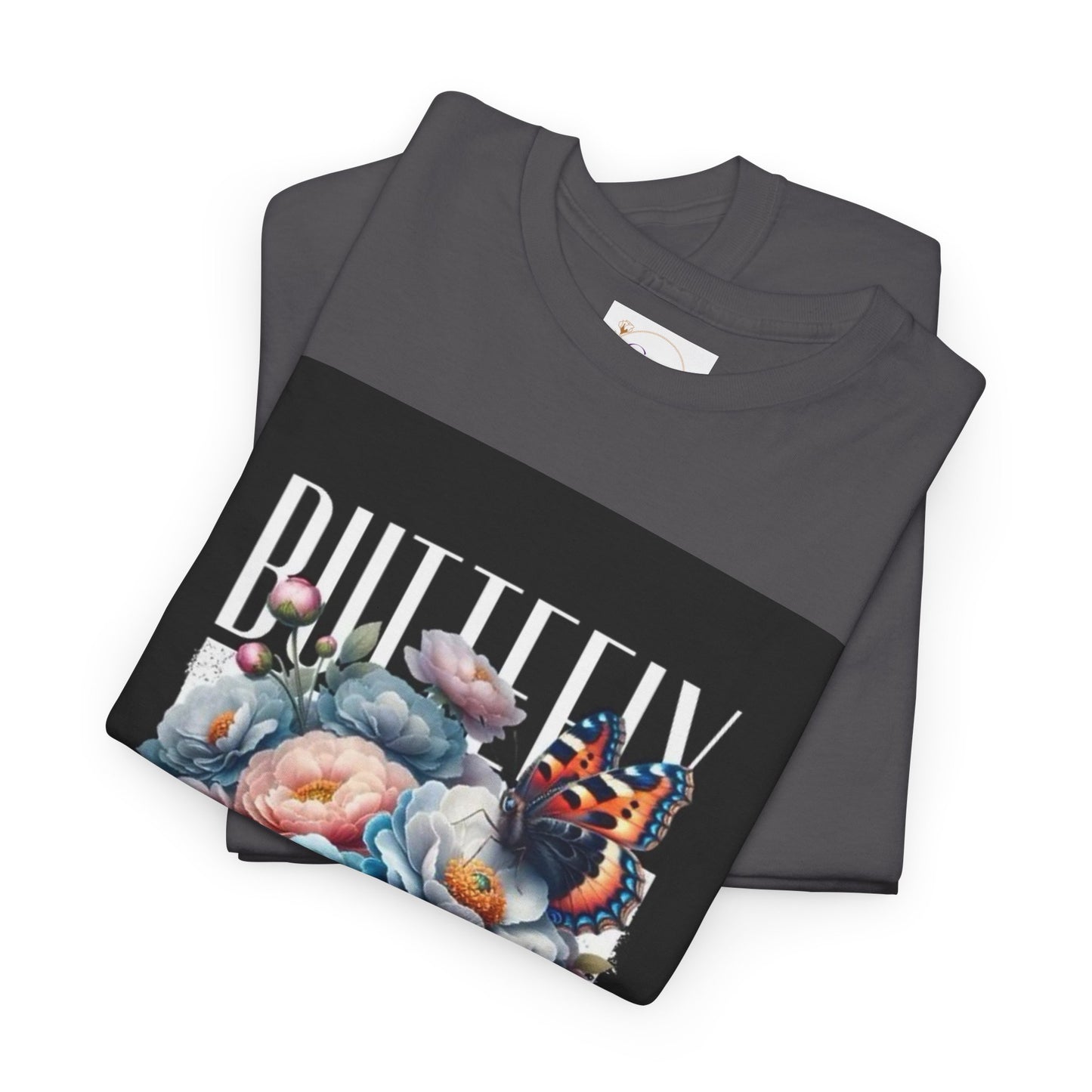 Butterfly Blooms Heavy Cotton Tee - Floral Graphic Shirt, Unisex Gift for Nature Lovers, Birthday, Everyday Wear, Casual Style