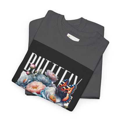 Butterfly Blooms Heavy Cotton Tee - Floral Graphic Shirt, Unisex Gift for Nature Lovers, Birthday, Everyday Wear, Casual Style