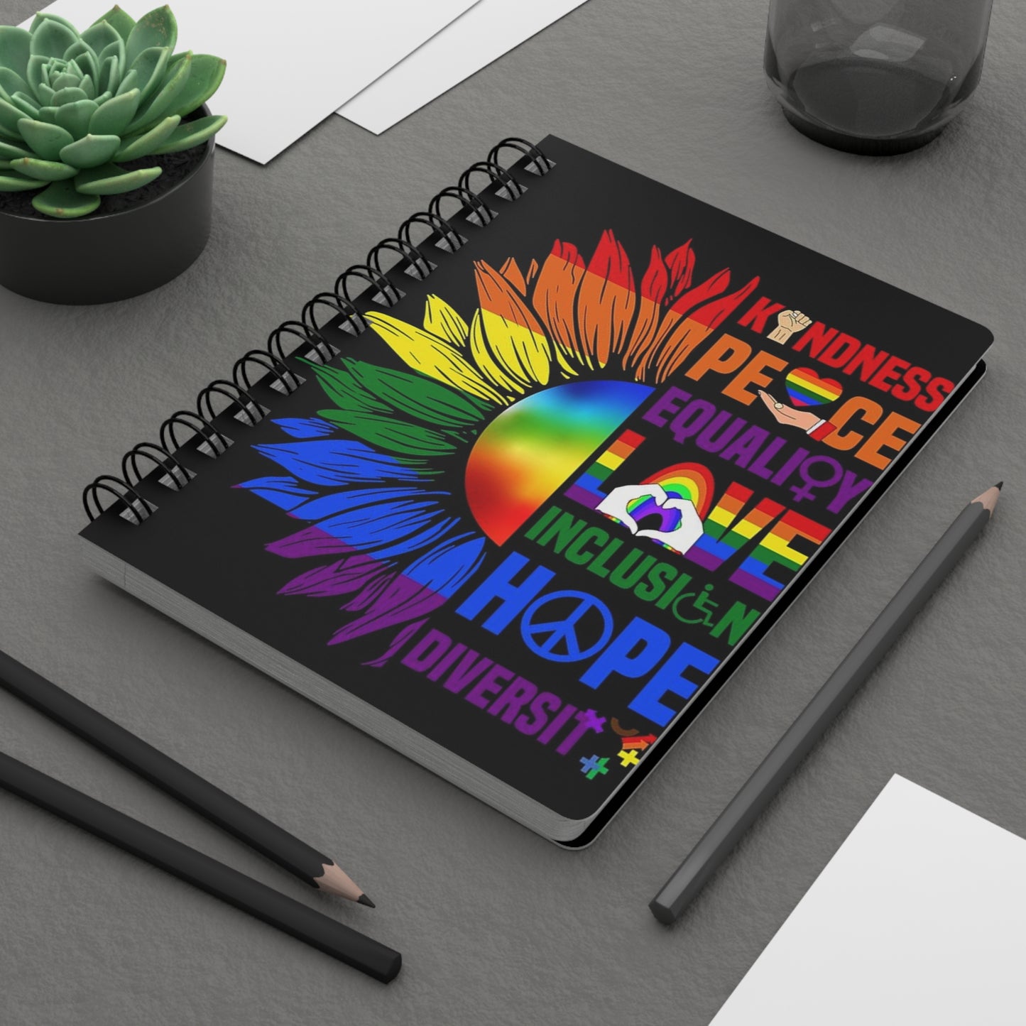 Rainbow Kindness ~ Diversity Spiral Bound Journal ~ LGBTQ Affirmation Notebook, Inspirational Writing Pad, Gratitude Journal, Peace ~ Love