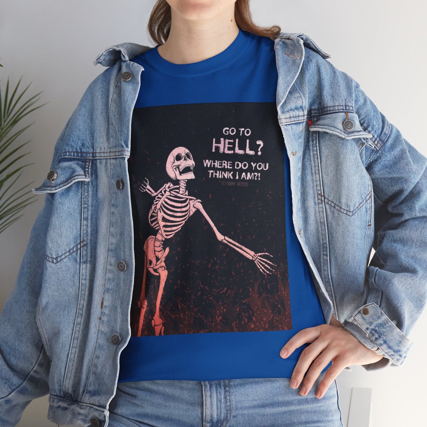 Skeleton Graphic Tee: "Go To Hell?" Unisex Heavy Cotton T-Shirt