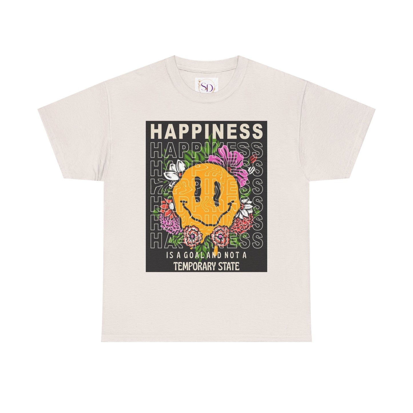Happiness Floral Unisex Heavy Cotton Tee, Positive Vibes Shirt, Casual Wear, Gift Idea for Friends, Summer Essentials