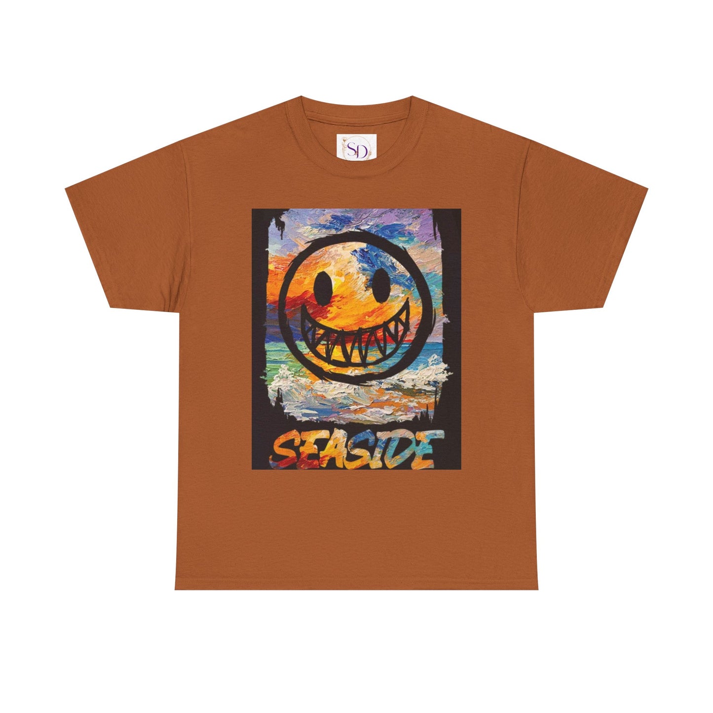Seaside Smiley Face Tee, Unisex Heavy Cotton Tee, Vibrant Graphic Shirt, Casual Beachwear, Summer Vibes, Fun Gift Idea