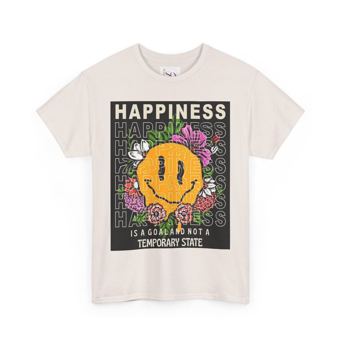 Happiness Floral Unisex Heavy Cotton Tee, Positive Vibes Shirt, Casual Wear, Gift Idea for Friends, Summer Essentials