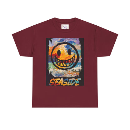 Seaside Smiley Face Tee, Unisex Heavy Cotton Tee, Vibrant Graphic Shirt, Casual Beachwear, Summer Vibes, Fun Gift Idea