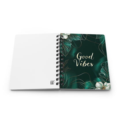 Emerald Green White Flowers Good Vibes Journal, Floral Notebook, Bullet Journal, Diary, Sketchbook, Blank Book