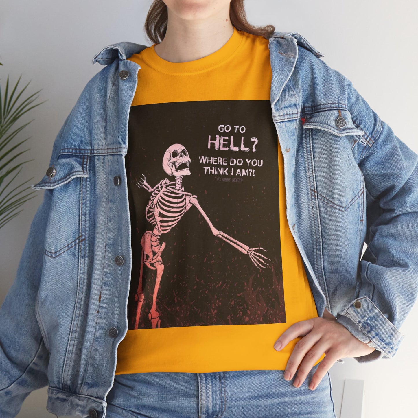 Skeleton Graphic Tee: "Go To Hell?" Unisex Heavy Cotton T-Shirt